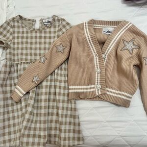 Beige Checkered Dress and Star Embellished Cardigan